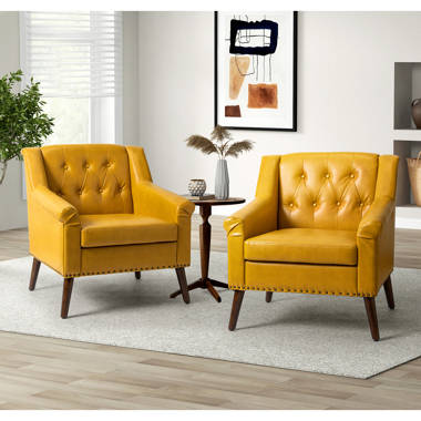 Yellow leather discount chair with ottoman